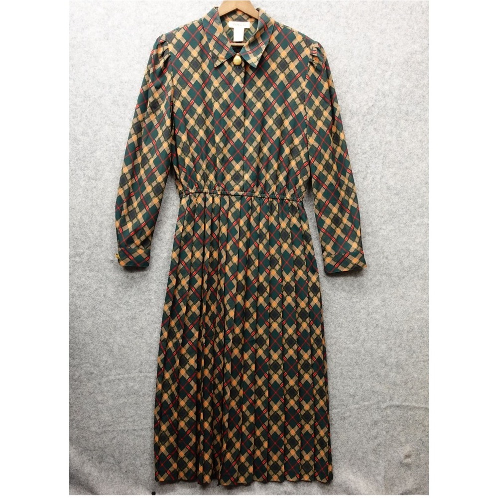 Vintage 80s TALBOTS Maxi Dress Womens L 12 Green Plaid Pleated Secretary Office